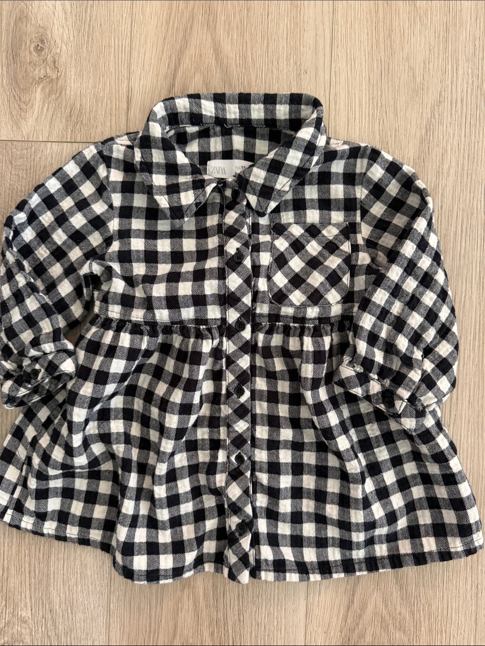 Zara Baby Girls Black White Buffalo Plaid Flannel Dress Size 12-18 Months